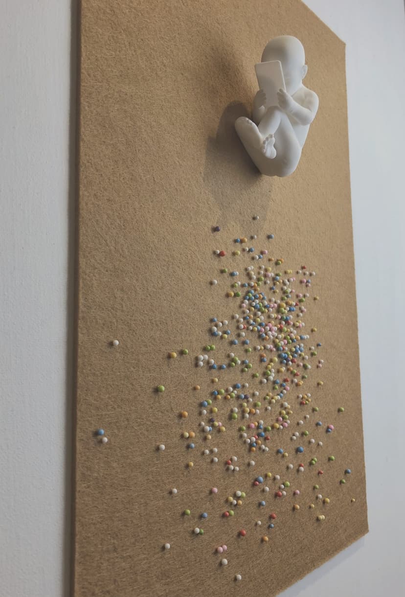 Side view of Chromosome by Federico Clapis, showing the fetus figure projecting from the felt-like canvas and the trail of beads