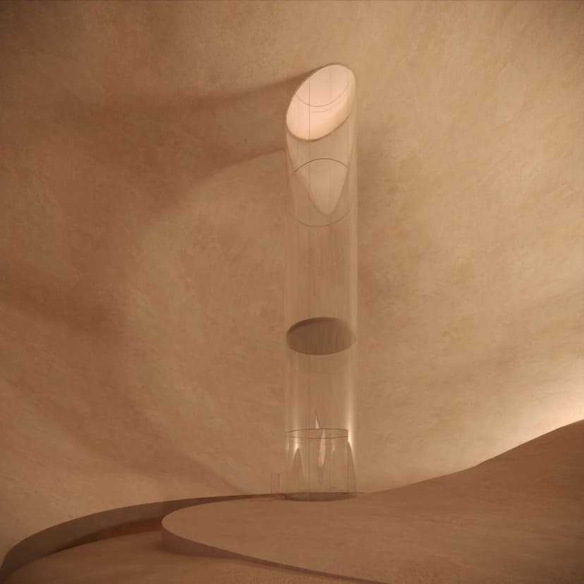 Interior render of Clapis Tower by Federico Clapis: a transparent glass lift shaft rising through a curved sand-coloured space