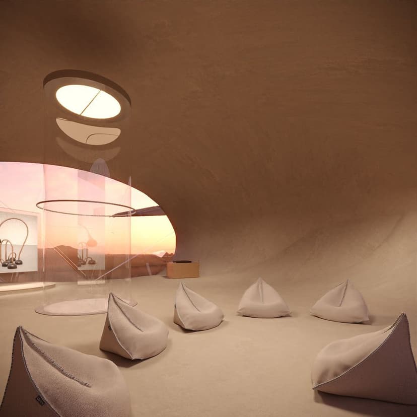 Clapis Tower by Federico Clapis, interior render: pale beanbags on a sandy floor, a glass lift and a window over the desert sunset