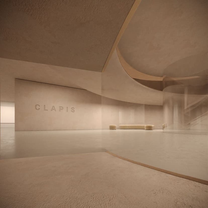 Lobby render of Clapis Tower by Federico Clapis: the word CLAPIS on a beige wall, curved ceilings, a low sofa and a glass stairwell
