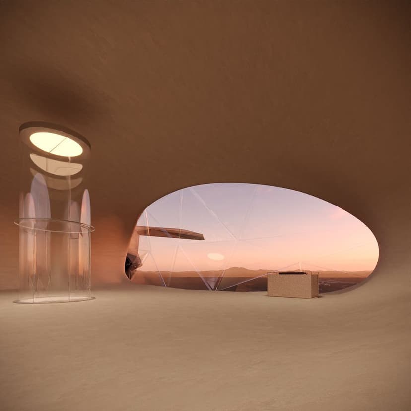 Clapis Tower by Federico Clapis: render of a rounded room with a glass lift and an oval opening onto the drone's arm and the desert