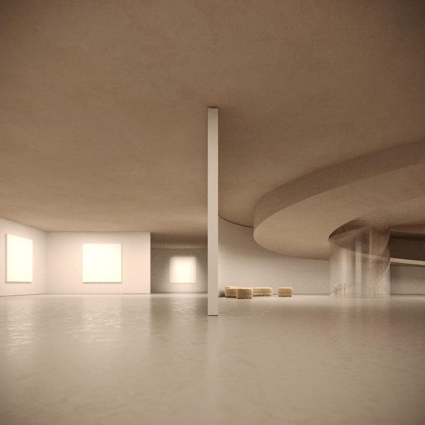 Gallery level of Clapis Tower by Federico Clapis: render of a wide beige exhibition space with glowing panels, a pillar and seating