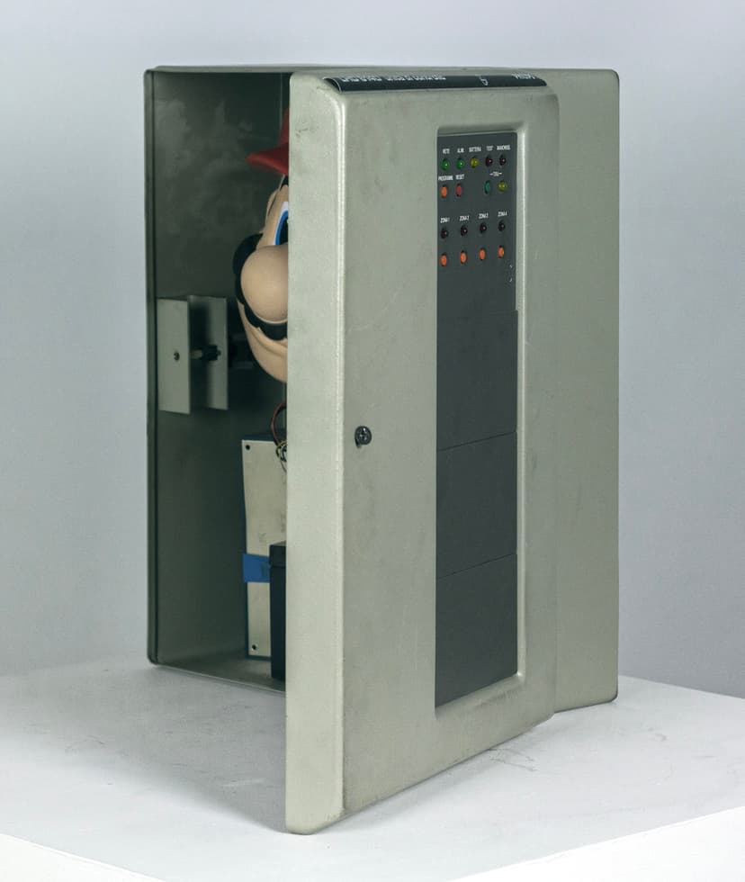 Digital Mask by Federico Clapis, side view: grey Philips alarm control unit on a plinth, its door ajar on a cartoon face