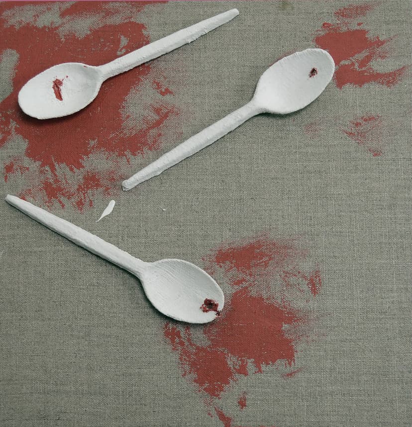 EatMateria 23 by Federico Clapis: three white spoons with red-stained holes on grey linen canvas splashed with red paint
