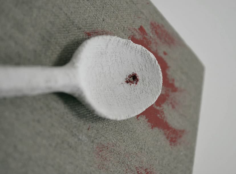 Detail of EatMateria 23 by Federico Clapis: side view of a white spoon on grey canvas, a red-rimmed hole in its bowl
