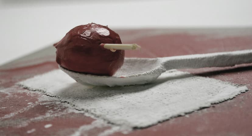 EatMateria 72 by Federico Clapis, close-up of a glossy red ball pierced by a toothpick resting on a white spoon over a gauze square