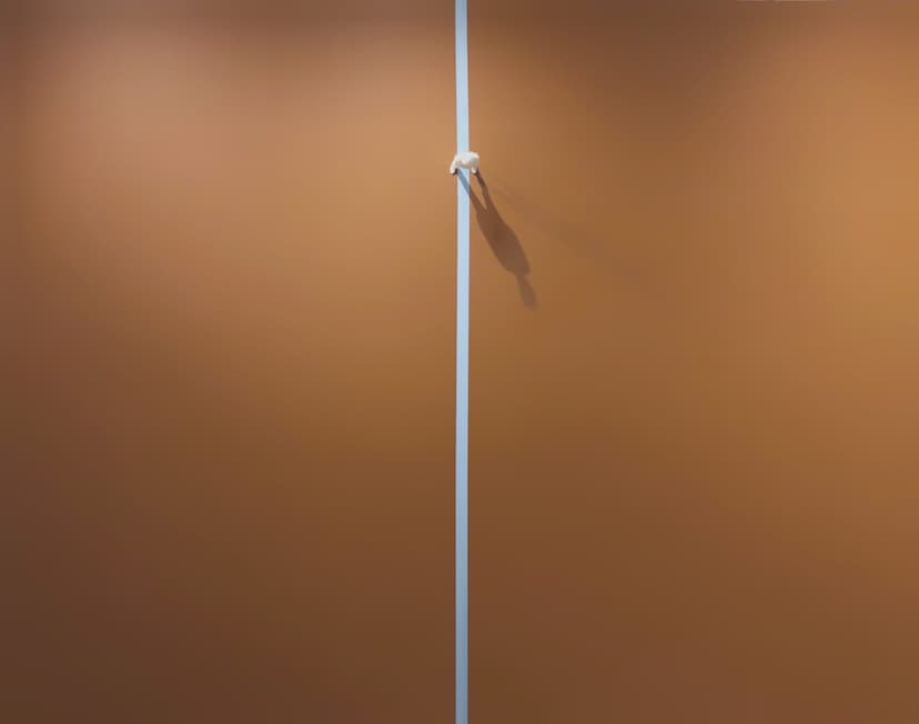 Flowing Life by Federico Clapis, full view: ochre resin canvas crossed by a vertical light blue stripe with a tiny white figure on it