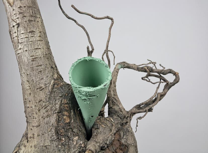 Detail of Human Arteries by Federico Clapis: a mint-green cone-shaped tube set into the bark of the heart-shaped trunk among roots