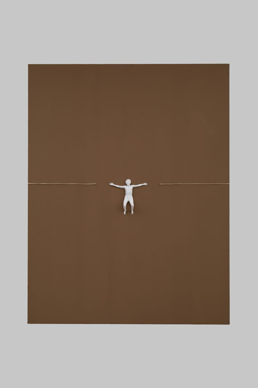 Let it be by Federico Clapis, full canvas: a small white figure hangs with open arms in the gap of a broken horizontal cord on brown