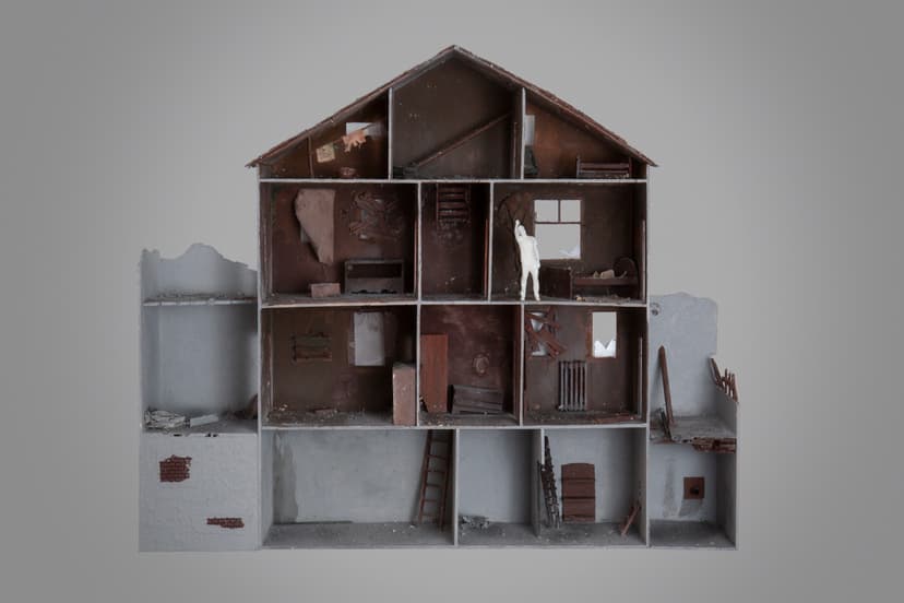 Memories House by Federico Clapis: cutaway model of a ruined wooden house with dark rooms, ladders and one small white figure
