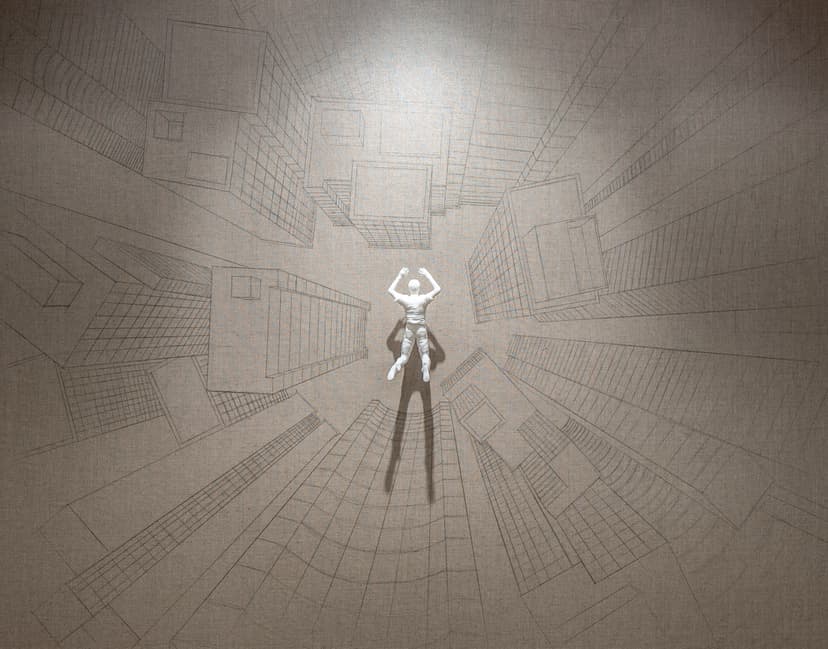 Full view of New Jump by Federico Clapis: the white jumping man at the centre of a pencil drawing of towering buildings in perspective