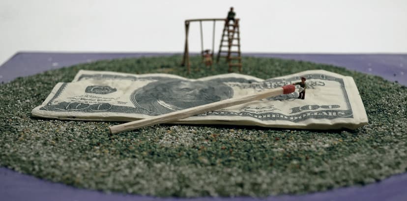 O.o.b.e 14 by Federico Clapis: a match and miniature figures on a 100 dollar bill set on green grit, with a toy swing set behind