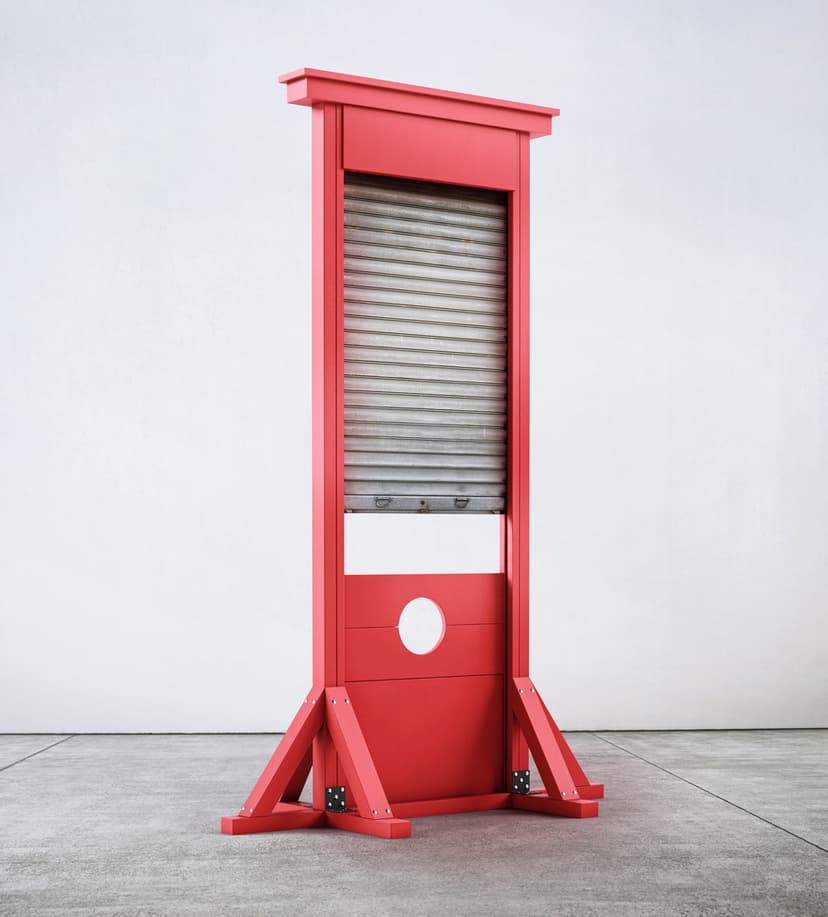 Red Zone by Federico Clapis: tall red metal guillotine whose blade is replaced by a grey roller shutter, in a concrete room