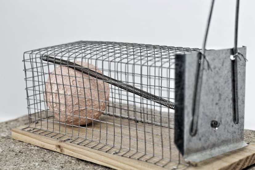 Detail of Reincarnation by Federico Clapis: a pink resin sphere trapped inside a wire mesh trap with a spring, on a wooden board