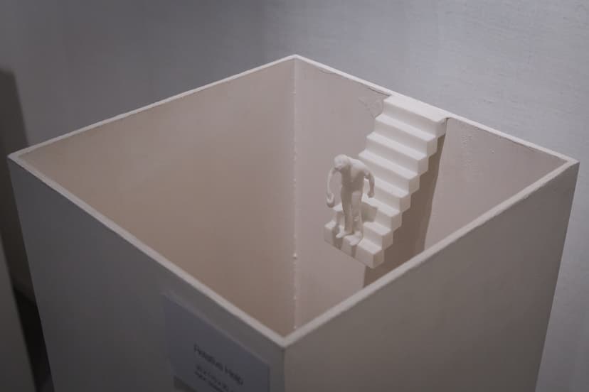 Relative Help by Federico Clapis on display: a white wooden box with a nylon powder staircase and figure inside, with a wall label