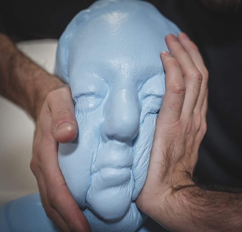 Detail of Taboo by Federico Clapis: the artist's hands squeezing the light blue elastic face of the sculpture, wrinkling its cheeks and eyes