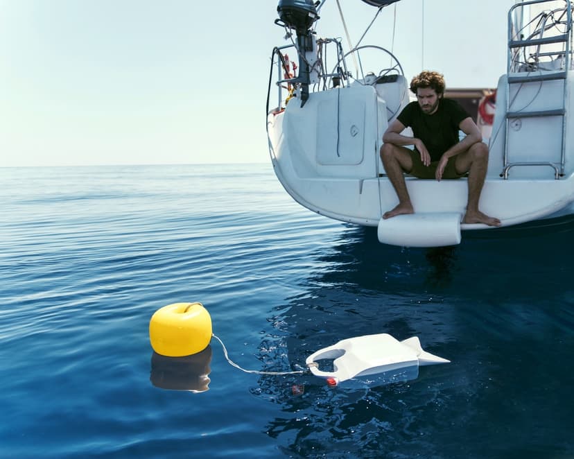 Tank Fish by Federico Clapis floating at sea, tied to a yellow buoy, while the artist watches from the stern of a sailing boat