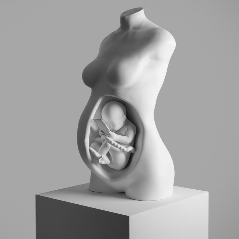 The Connection by Federico Clapis: white resin torso of a pregnant woman, open belly revealing a fetus holding a smartphone, on a plinth