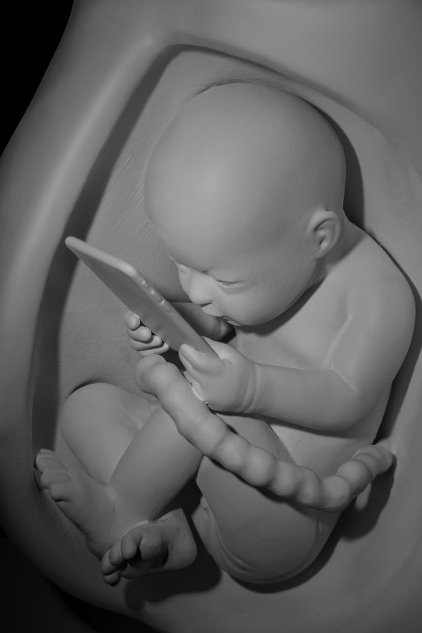 Close-up of The Connection by Federico Clapis: resin fetus curled in the womb, both hands holding a smartphone, umbilical cord around it