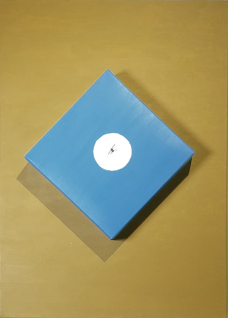 The Lord by Federico Clapis, full view: blue canvas tilted on an ochre ground with a white circle and a tiny figure at its centre