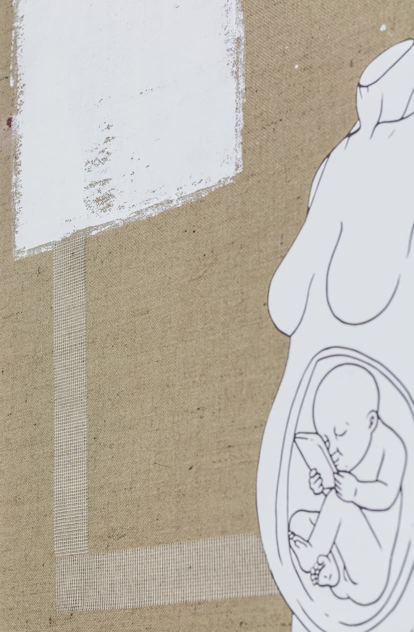 Detail of The Source by Federico Clapis: line drawing of a foetus holding a smartphone inside a womb, white mesh tape on linen