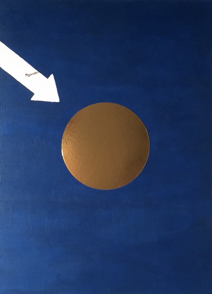 To gold by Federico Clapis: deep blue canvas with a white arrow pointing at a large gold disc, a minuscule figure on the arrow