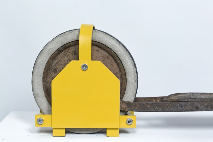 Close-up of Violated by Federico Clapis: the yellow metal wheel clamp bolted around the scooter's rusty rear wheel