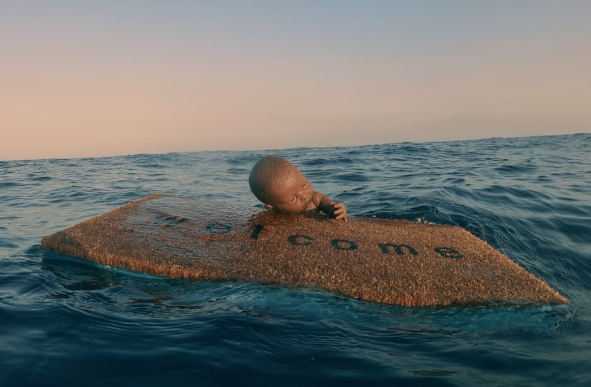 Welcome by Federico Clapis at dusk: the infant sculpture holds onto the floating welcome mat on blue waves under a pink sky