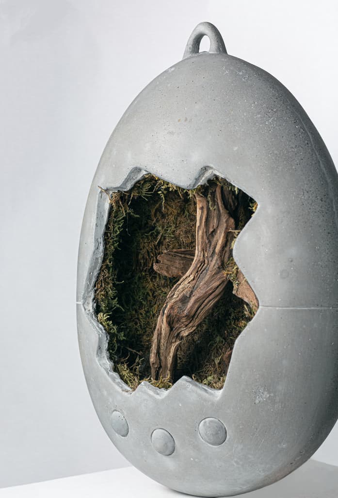 Three-quarter view of Whitout Us by Federico Clapis, showing the depth of the cracked concrete egg filled with moss and old wood