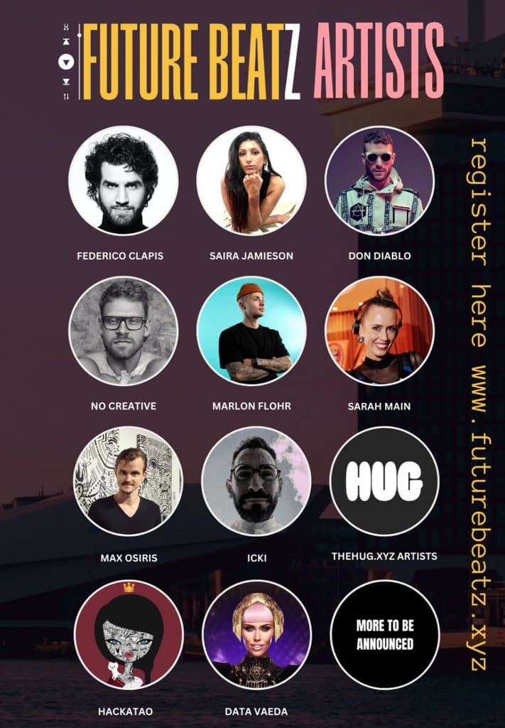 Future Beatz Artists poster for the Amsterdam event with ADE, with Federico Clapis first among round portraits of DJs and digital artists