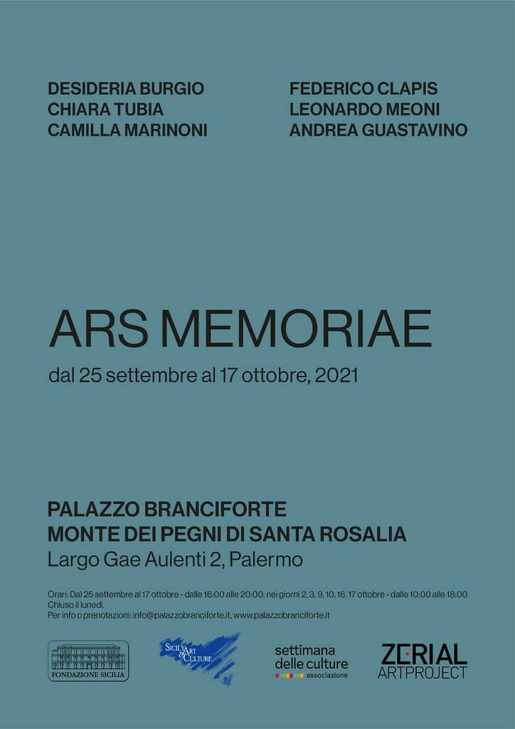 Poster of Ars Memoriae at Palazzo Branciforte, Monte dei Pegni di Santa Rosalia in Palermo, listing Federico Clapis among the six artists