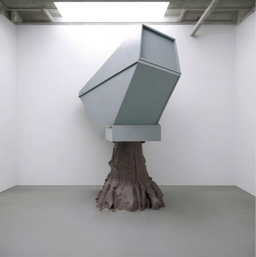 Digital work by Federico Clapis shown at the Fakewhale booth in Dubai: a grey faceted box balanced on a tree trunk in a white gallery room