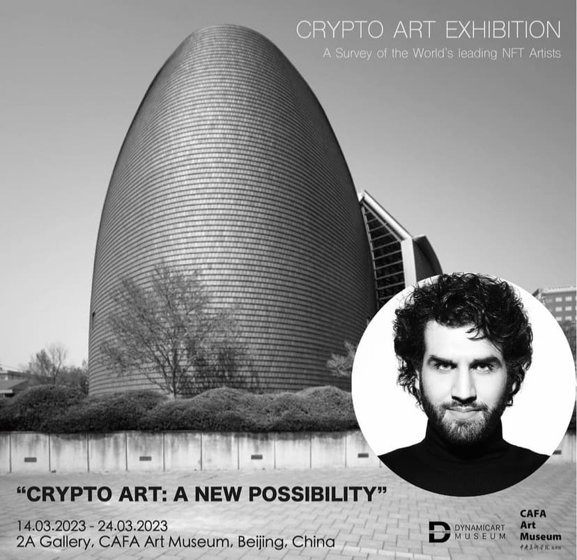 Poster of Crypto Art: A New Possibility at CAFA Art Museum, Beijing, with the museum's egg-shaped building and a portrait of Federico Clapis