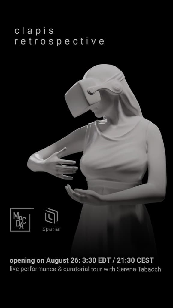 Poster for Clapis Retrospective by MoCDA and Spatial: Federico Clapis' white sculpture of a woman in a VR headset, with a tour by Serena Tabacchi