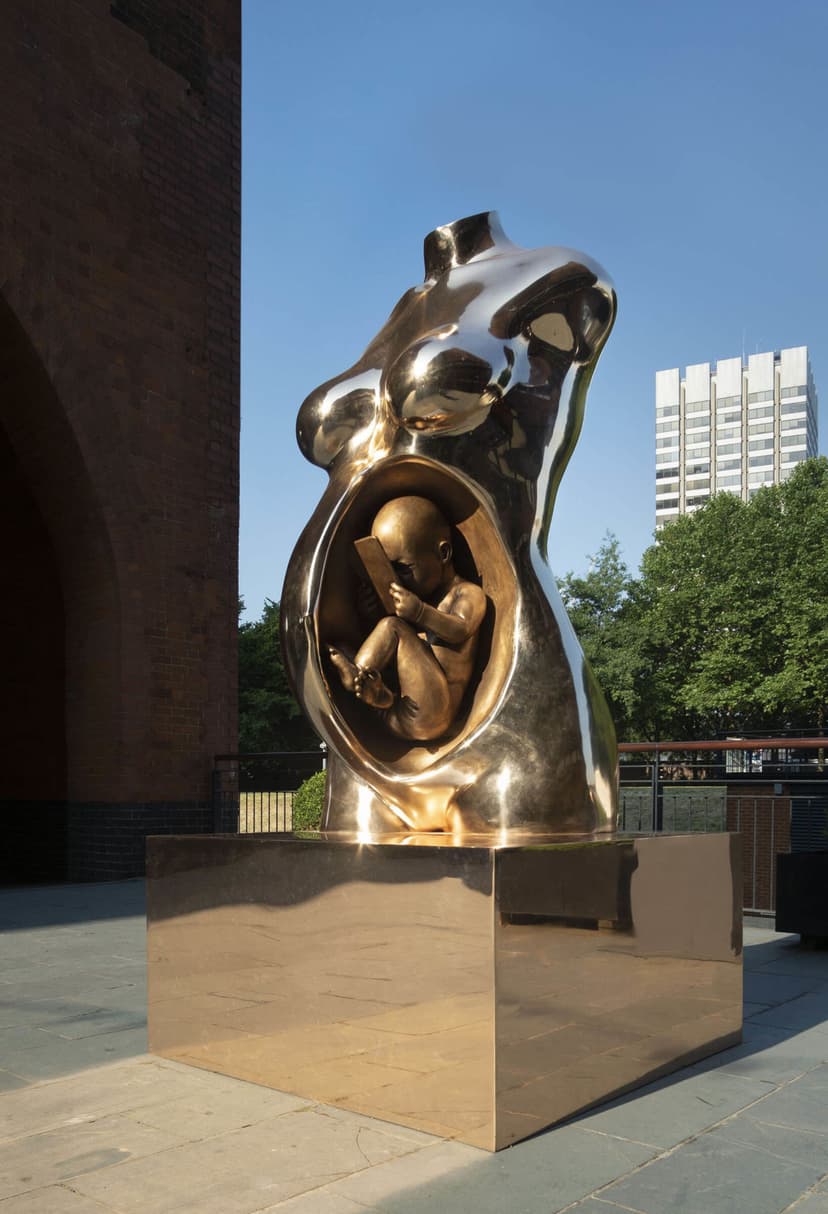 Crypto Connection by Federico Clapis beside the brick facade of OXO Tower Wharf in London, the bronze torso on a gold mirror-finish plinth