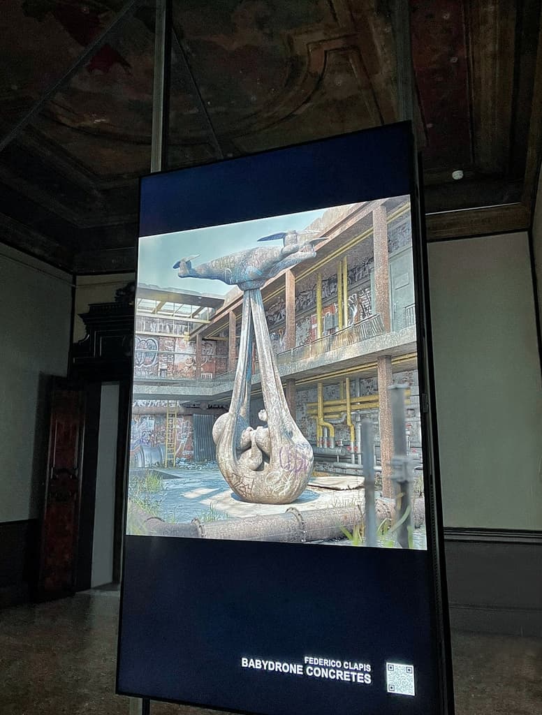 Babydrone Concretes by Federico Clapis on a vertical screen in a room of Palazzo Giustinian Lolin, Decentral Art Pavilion, Venice