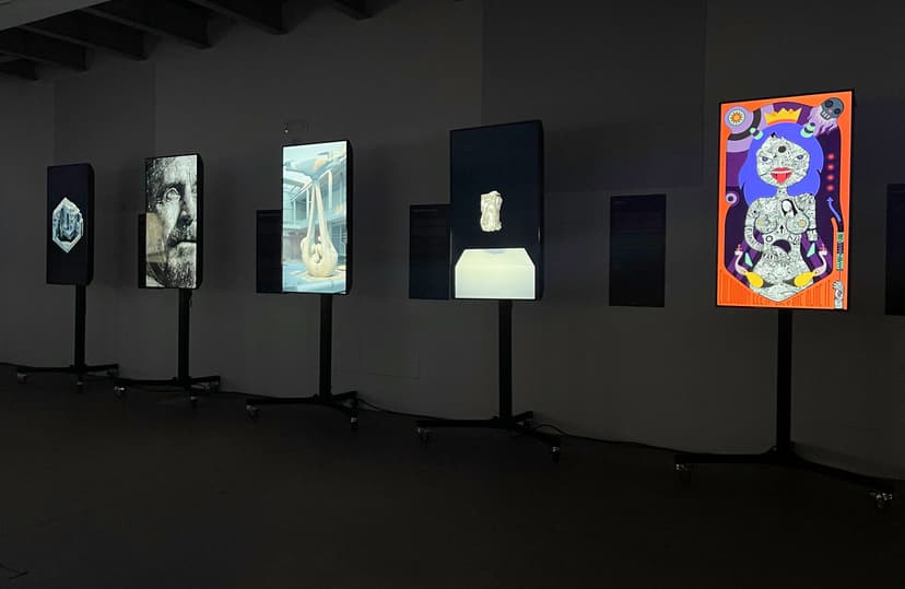 Art Evolution at DART Dynamic Art Museum, Milan: digital works on vertical screens in a dark room, including Federico Clapis' Babydrone image