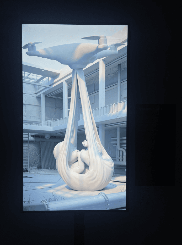Close view of Federico Clapis' pale render of a drone carrying a newborn in a sling over a concrete courtyard, shown at DART Dynamic Art Museum, Milan