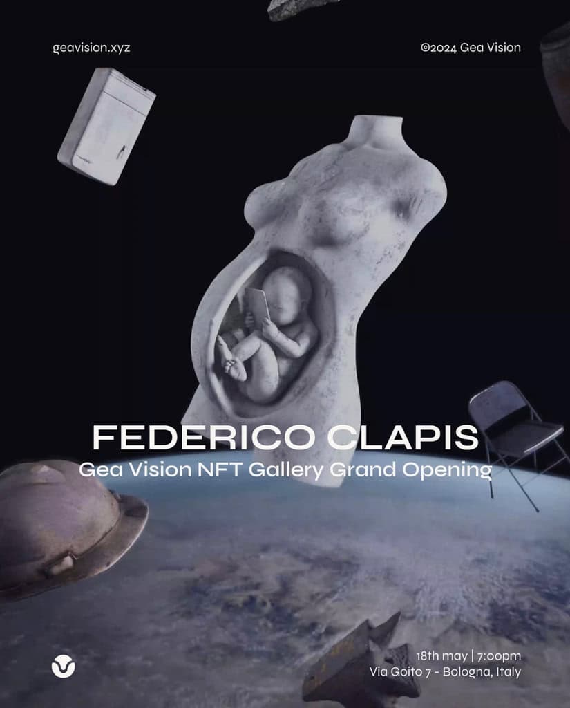 Invitation to the Gea Vision NFT Gallery opening in Bologna with Federico Clapis: his pregnant torso sculpture floating in orbit with everyday objects
