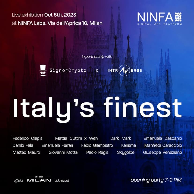 Poster of Italy's Finest at NINFA Labs, Milan, with SignorCrypto and Intraverse, listing Federico Clapis among fourteen Italian digital artists