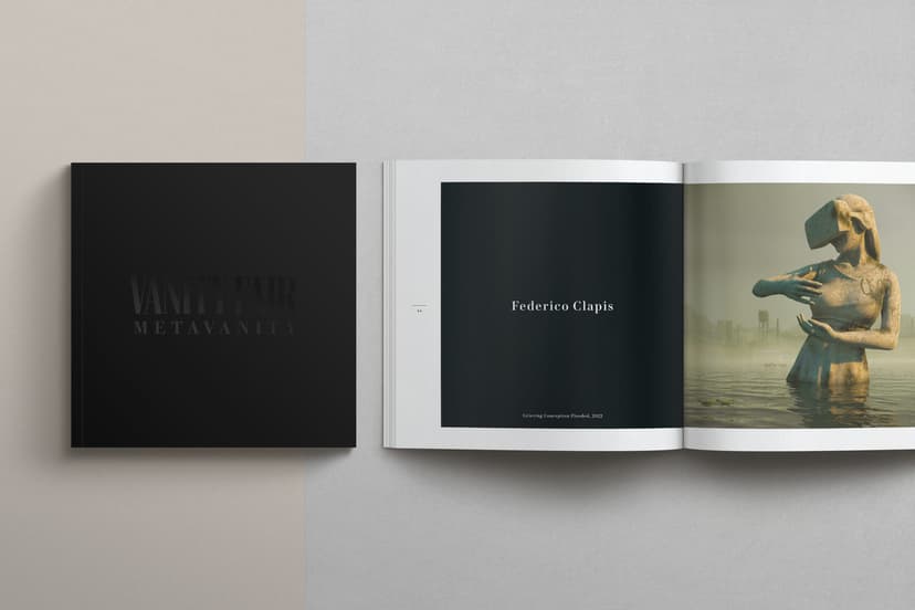 MetaVanity catalogue by Vanity Fair Italia, open on the Federico Clapis spread with a female figure wearing a visor, standing in floodwater