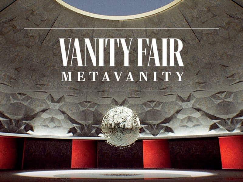 Vanity Fair MetaVanity title over the virtual museum's domed hall, with a floating sphere and red panels, where Federico Clapis had a solo room