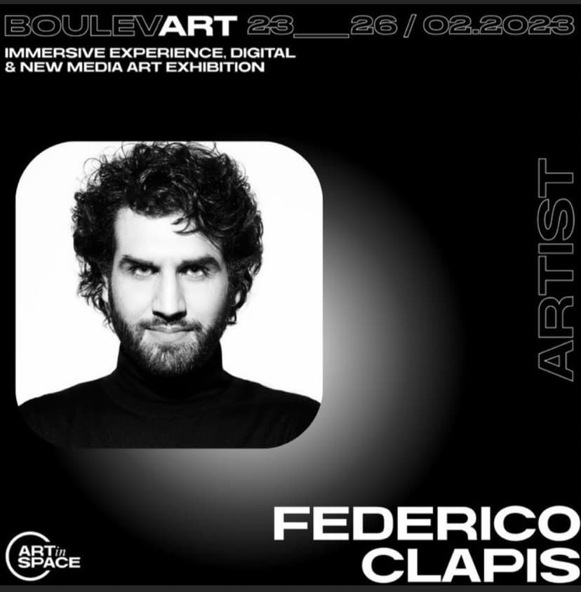 Poster of BoulevArt, the immersive, digital and new media art exhibition of Art in Space in Dubai, with a black and white portrait of Federico Clapis