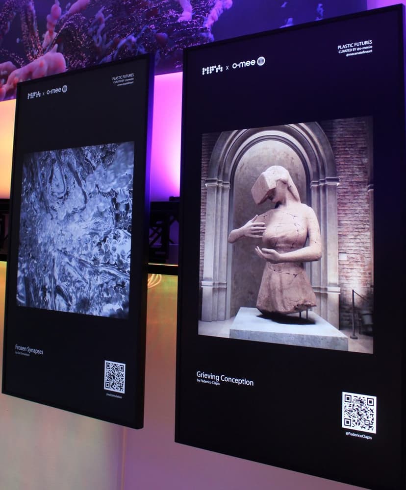Screens at Plastic Futures in Rome: Frozen Synapses by Exit Simulation and Grieving Conception by Federico Clapis, a cracked figure with a visor