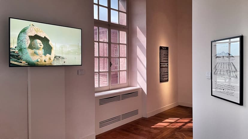 Play_Art room at the Reggia di Venaria: Federico Clapis' Digital Growth – Flooded, a baby in a cracked graffiti egg, on a wall screen by tall windows