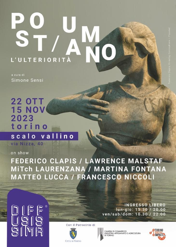 Poster of Post-Umano. L'Ulteriorità at Scalo Vallino, Turin, curated by Simone Sensi, with a digital statue in a VR headset by Federico Clapis
