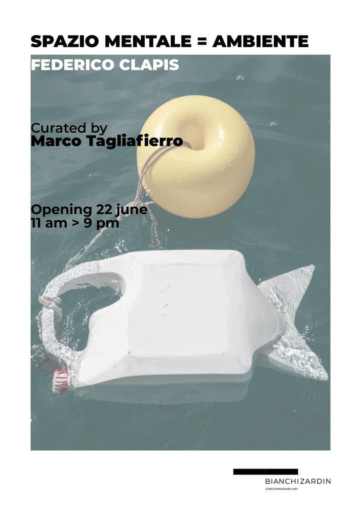Poster of Spazio mentale = ambiente by Federico Clapis, curated by Marco Tagliafierro at Bianchi Zardin, with a fish-shaped jerrycan at sea