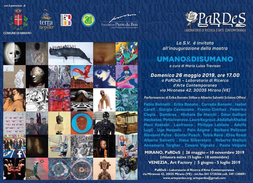 Invitation to Umano&Disumano at PaRDeS, Mirano, curated by Maria Luisa Trevisan: a grid of works and the artists' names, among them Federico Clapis