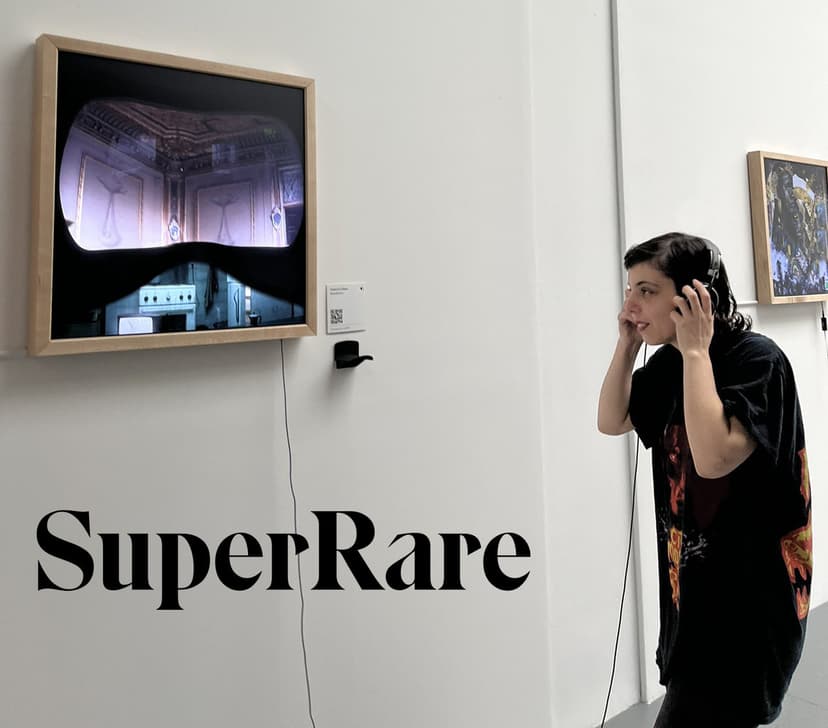 A visitor wears headphones in front of Federico Clapis' MetaSense, a framed screen at the SuperRare Gallery in New York, with the SuperRare logo