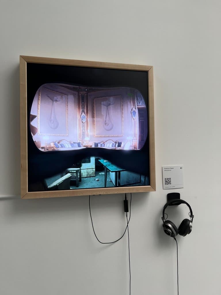 Federico Clapis' MetaSense at SuperRare Gallery, New York: a VR headset view of a classical salon over a ruined room, with label and headphones